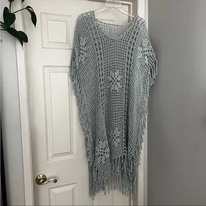 Women’s Crochet Tunic Top Open Knit Beach Cover Up One Size Blue Fringe Festival